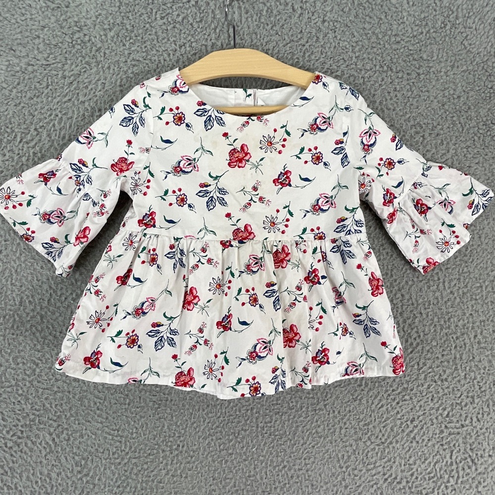Janie and Jack Floral Peplum Top Kids Size 5 White Red Blue Bell Sleeve Ruffle